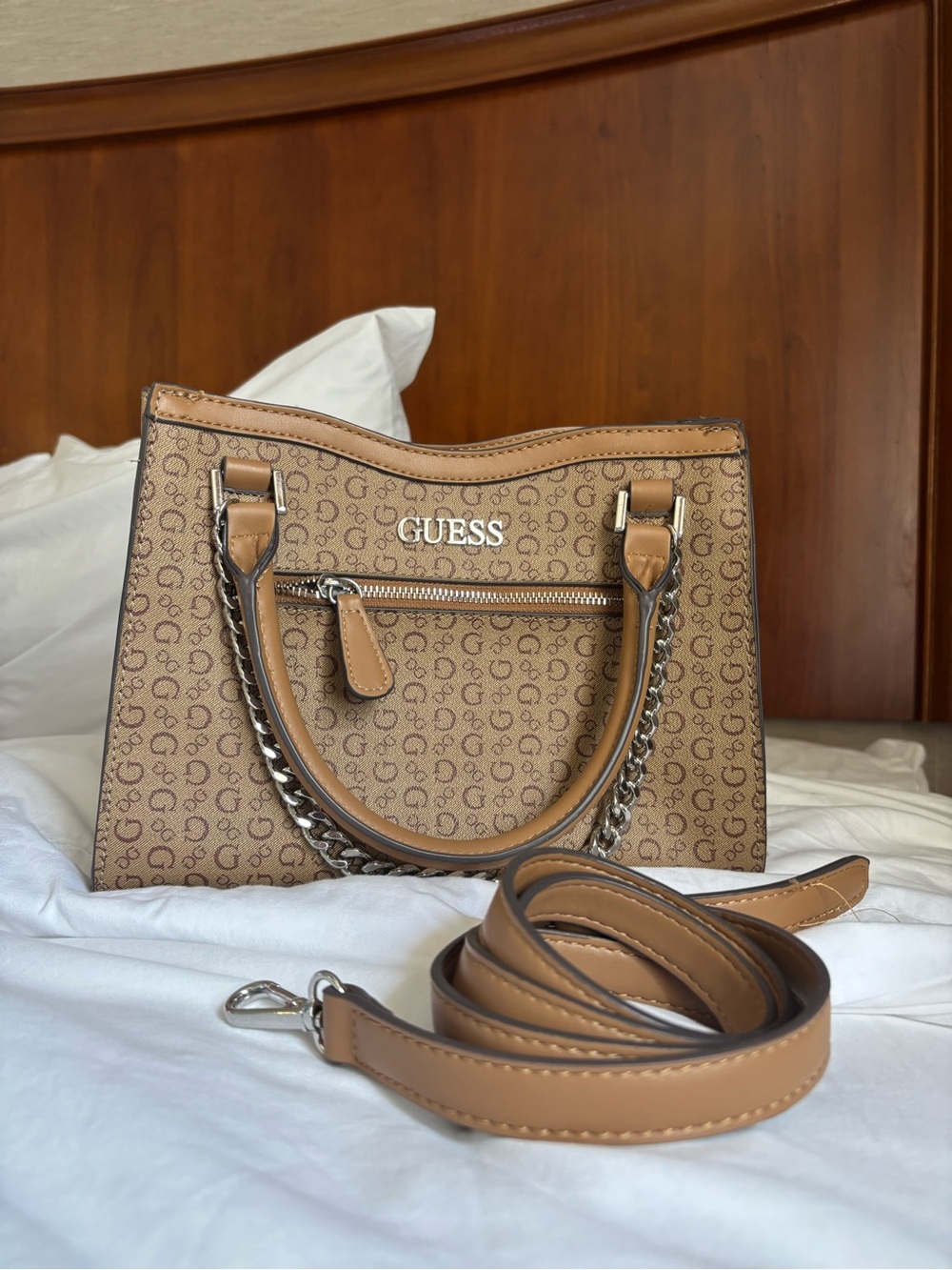 GUESS Tan Logo Chain Accent Satchel/ Hand Bag